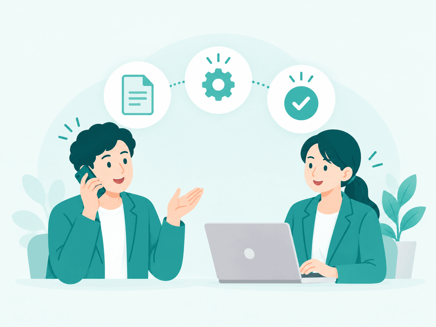 AIの支援を受けながら、仕事を確認する企業担当者のイラスト